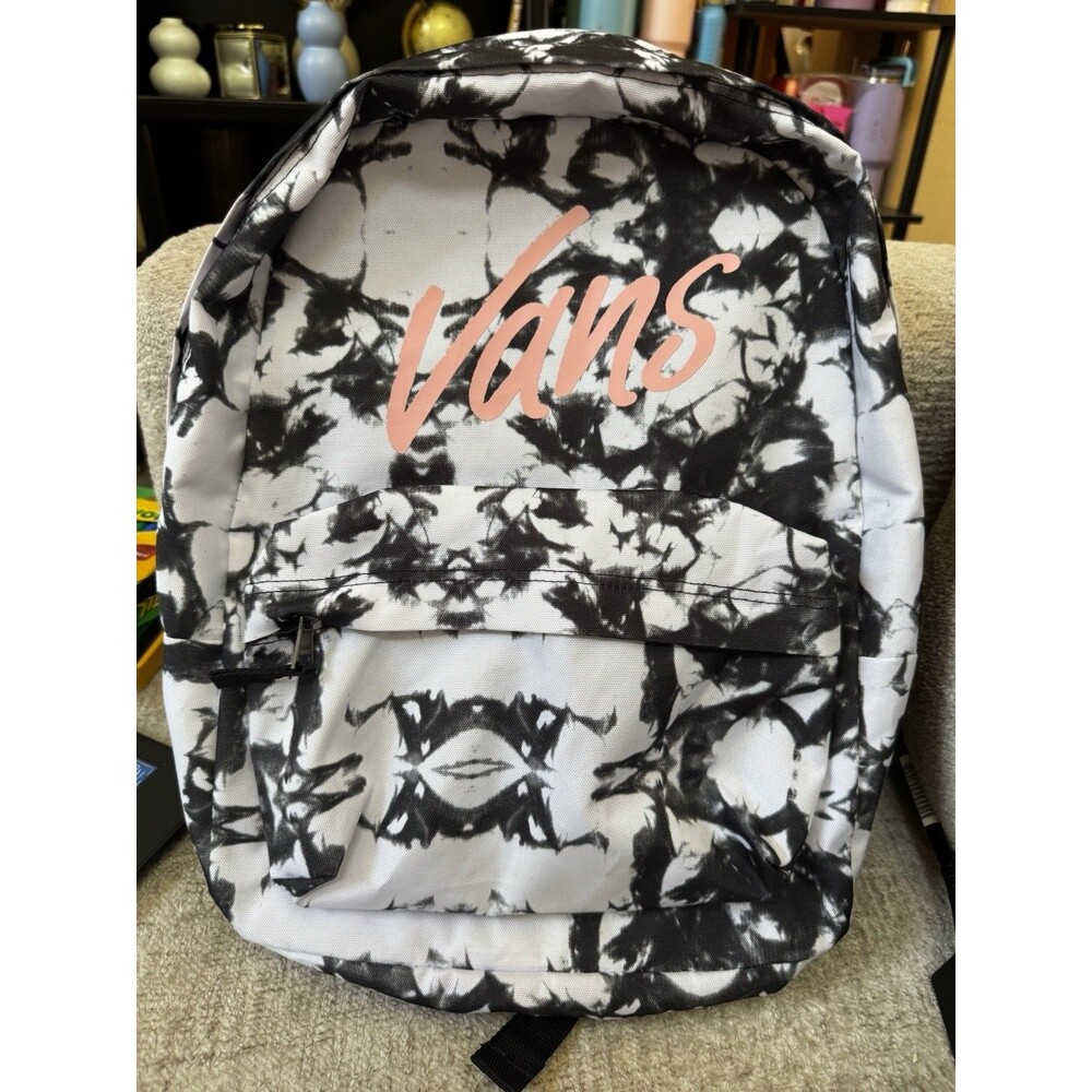 EUC Vans Realm Cloud-Wash Black-and-White Tie-Dye Backpack Pink Logo